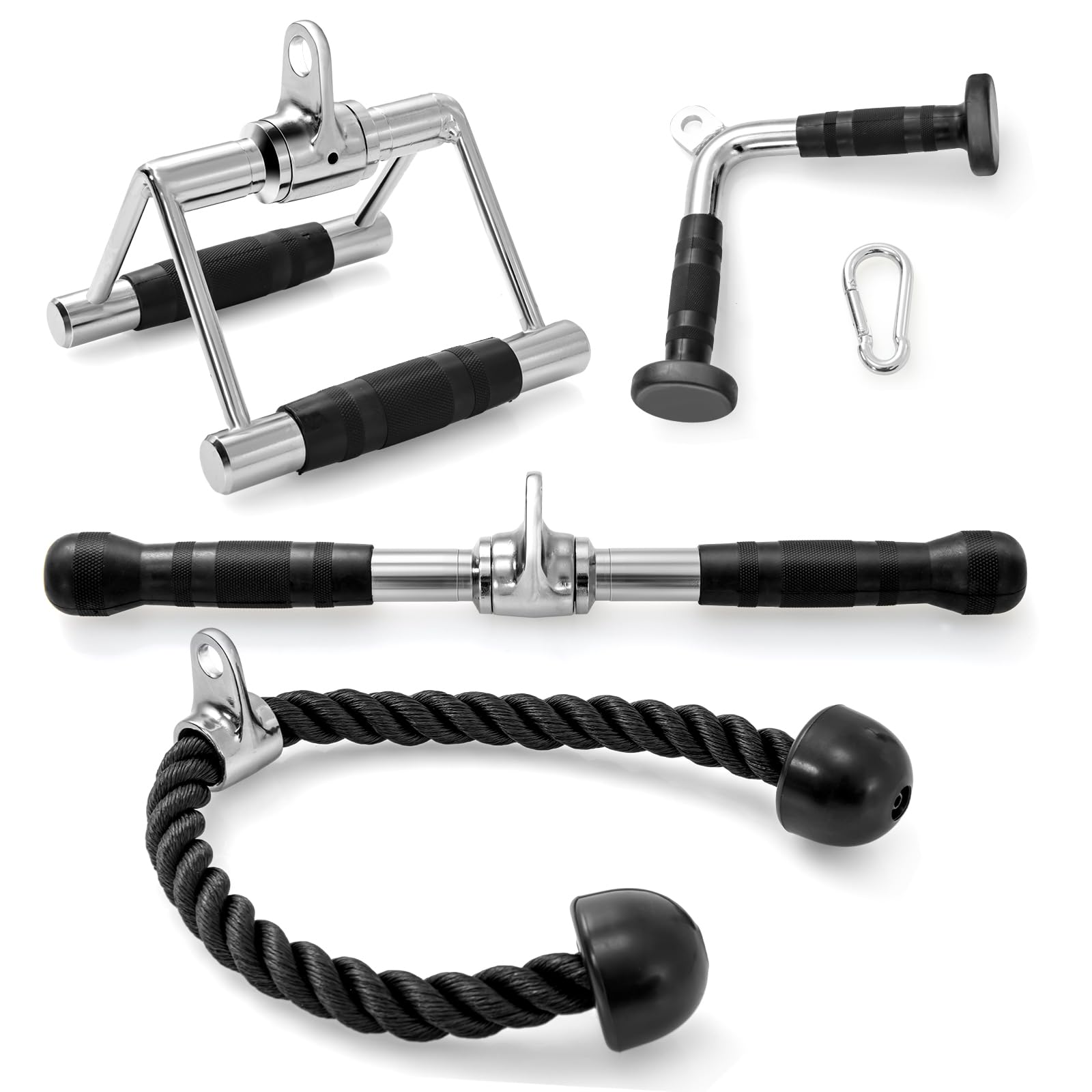 GYMAX Cable Machine Attachment Set, Weight Machine Accessories with Double D Roll Handle, V-Shape Handle, Triceps Rope and Straight Rotating Bar, LAT Pulldown Equipment for Home Gym