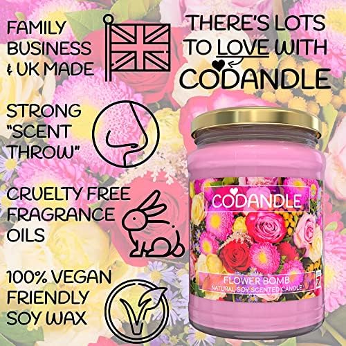 Codandle Candle | Flower Bomb | Large Vegan-Friendly Natural Soy Scented Jar Candle, 100+ Hours Burn Time & Made in UK