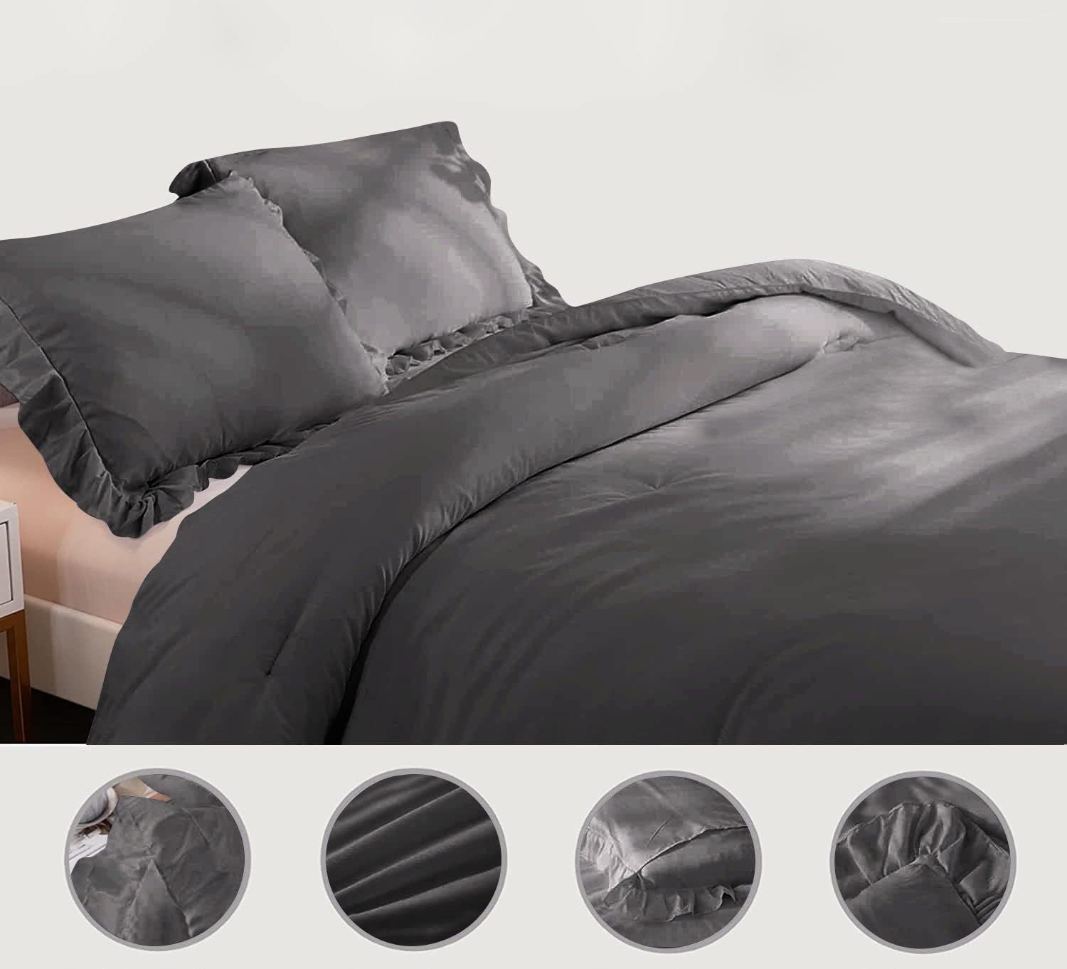 Velosso 3 Piece Luxury Vintage Ruffle Comforter Set Premium Super Soft 550 GSM All Season | 1000 Thread Count | 100% Egyptian Cotton - King/California King Size Dark Grey Color
