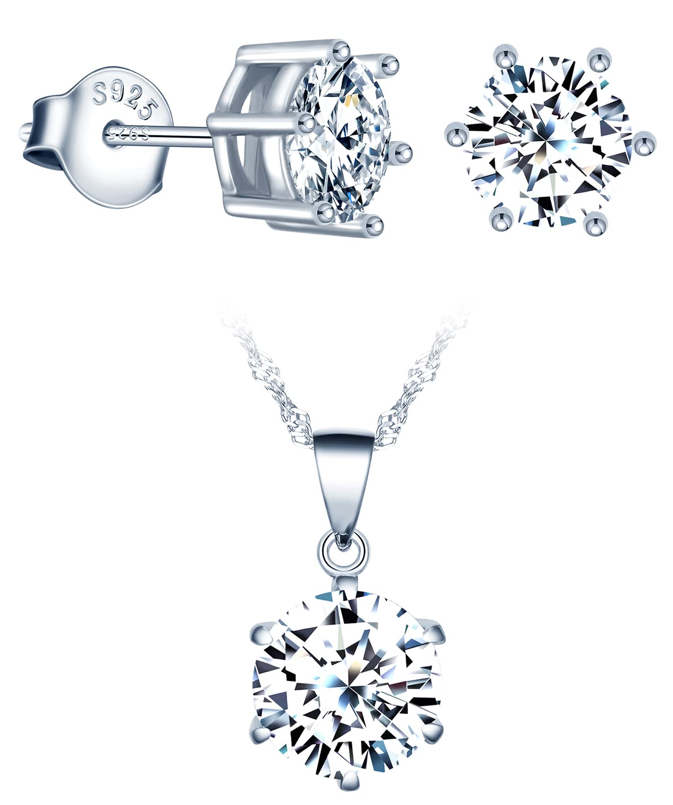 CPSLOVE Collares y Pendientes para mujer y niña, Juegos de joyas de plata 925, Collar Colgante de circonita de 6 garras, con cadena de 45cm, Pendientes de circonita de 6 garras, Circón, plata