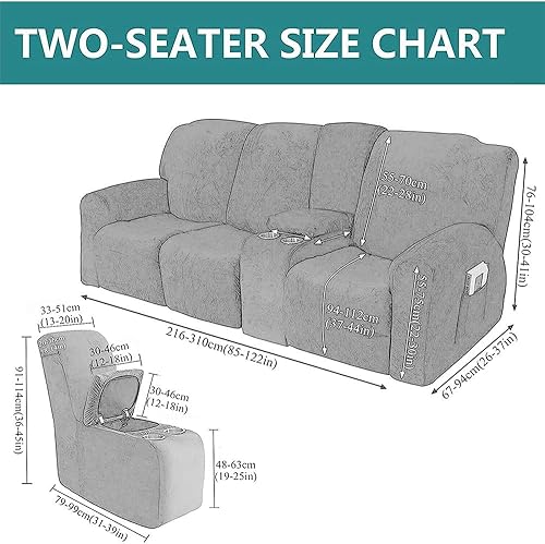 Miniatura 3 de cjc Sofá biplaza reclinable con funda de consola central, fundas de sofá reclinable de terciopelo de 8 piezas, fundas de sofá reclinable de 2