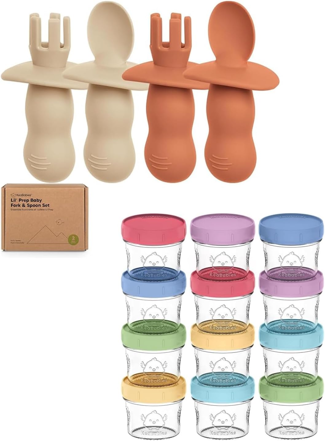 Keababies 4-Pack Silicone Baby Spoons and Forks Set and 12-Pack Baby Food Glass Containers - Baby Spoon Self Feeding, BLW Baby Utensils - 4 oz Leak-Proof, Microwavable, Baby Food Storage Container