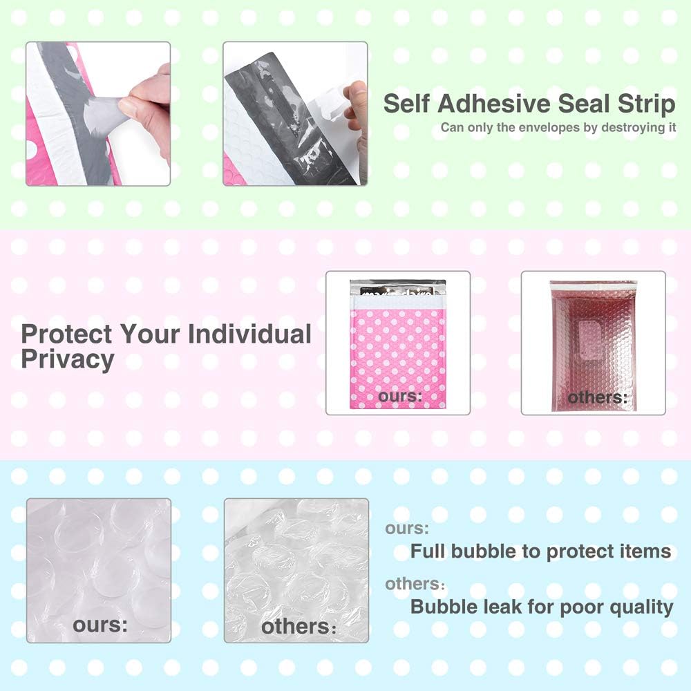 Fuxury Pink Dot Bubble Mailers 6x10 25 Pack, Poly Small Bubble Mailers #000, Self Seal Padded Envelopes,Waterproof Padded Mailers for Packaging Boutique,Small Business,Jewelry, Makeup,Cards,Bulk