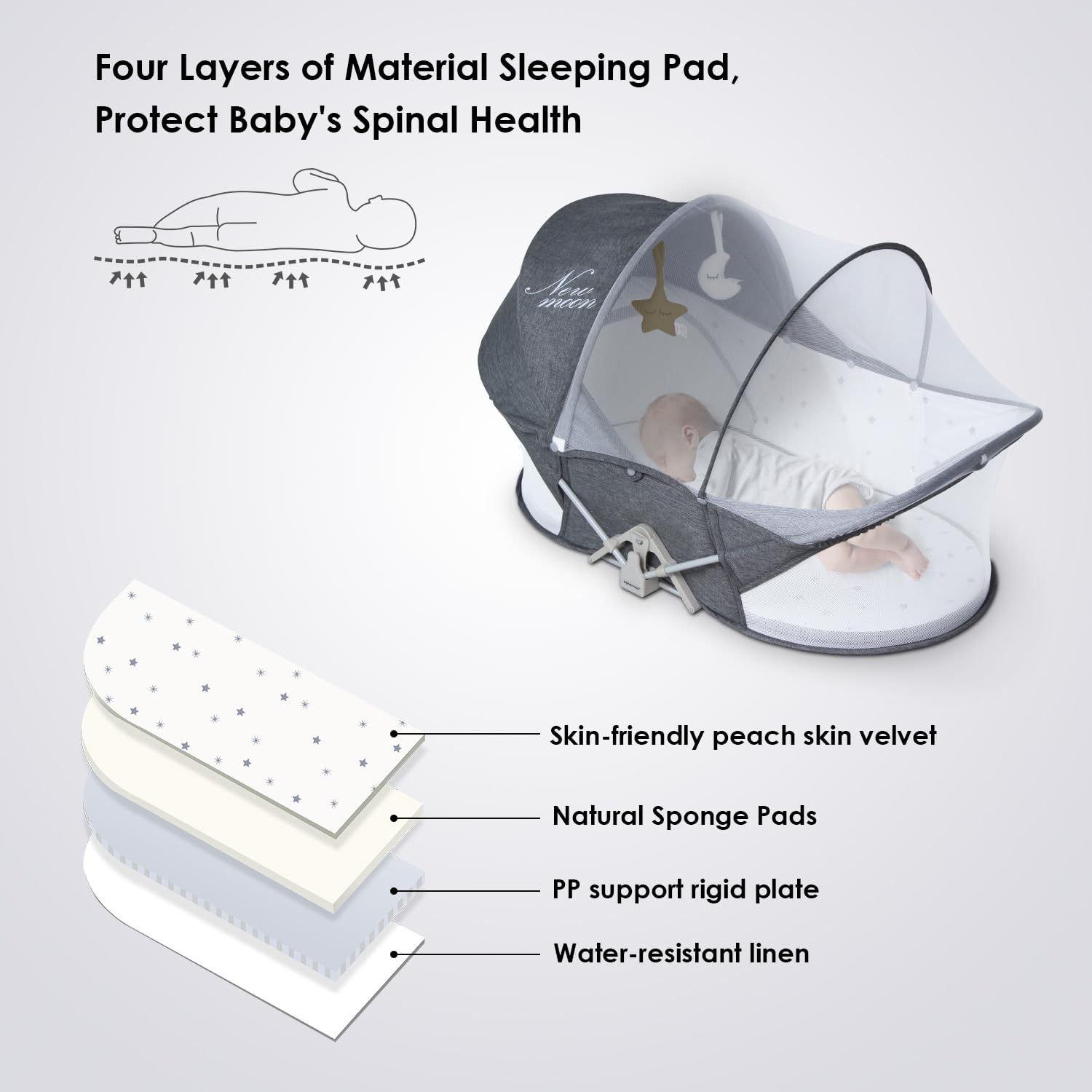 beberoad Lit de Voyage pour bébé, Tente de lit de Voyage Facile à Plier, Portable, Système de Sécurité en T à Deux Points, avec Moustiquaire, Jouet, Canopy Soleil, Matelas et Sac, Berceau Bébé
