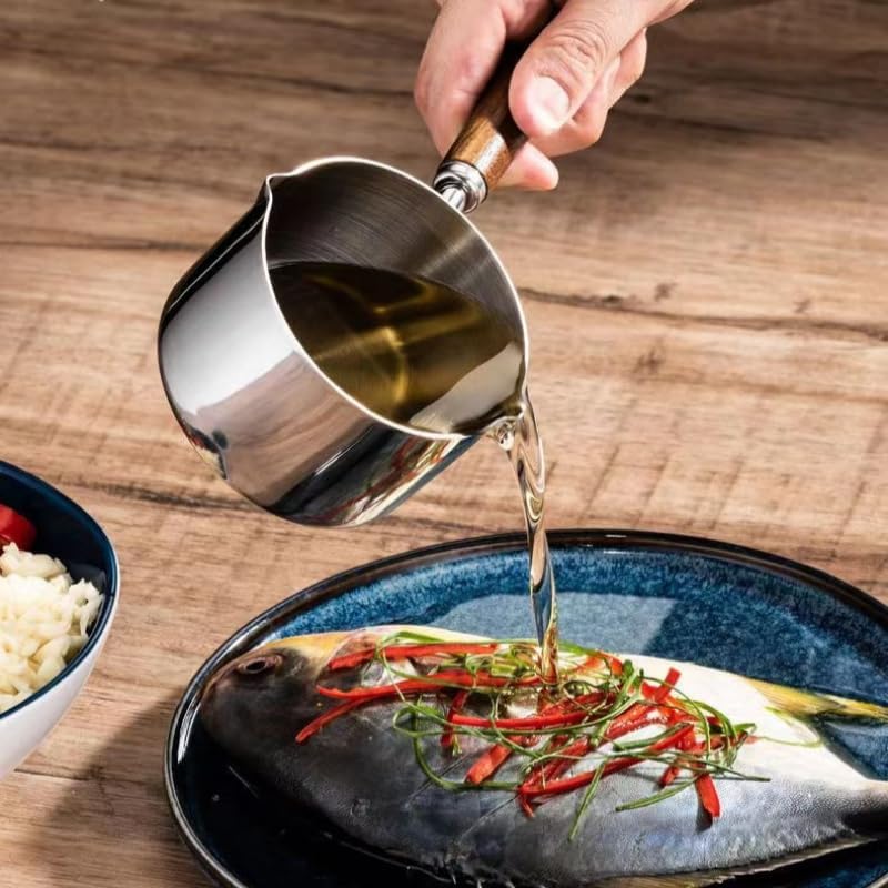 Stainless Steel Mini Butter Warmer – 8.5oz (250ml) with Dual Spouts & Wooden Handle, Ideal for Milk, Coffee, Butter, Chocolate, Baby Food & Sauces