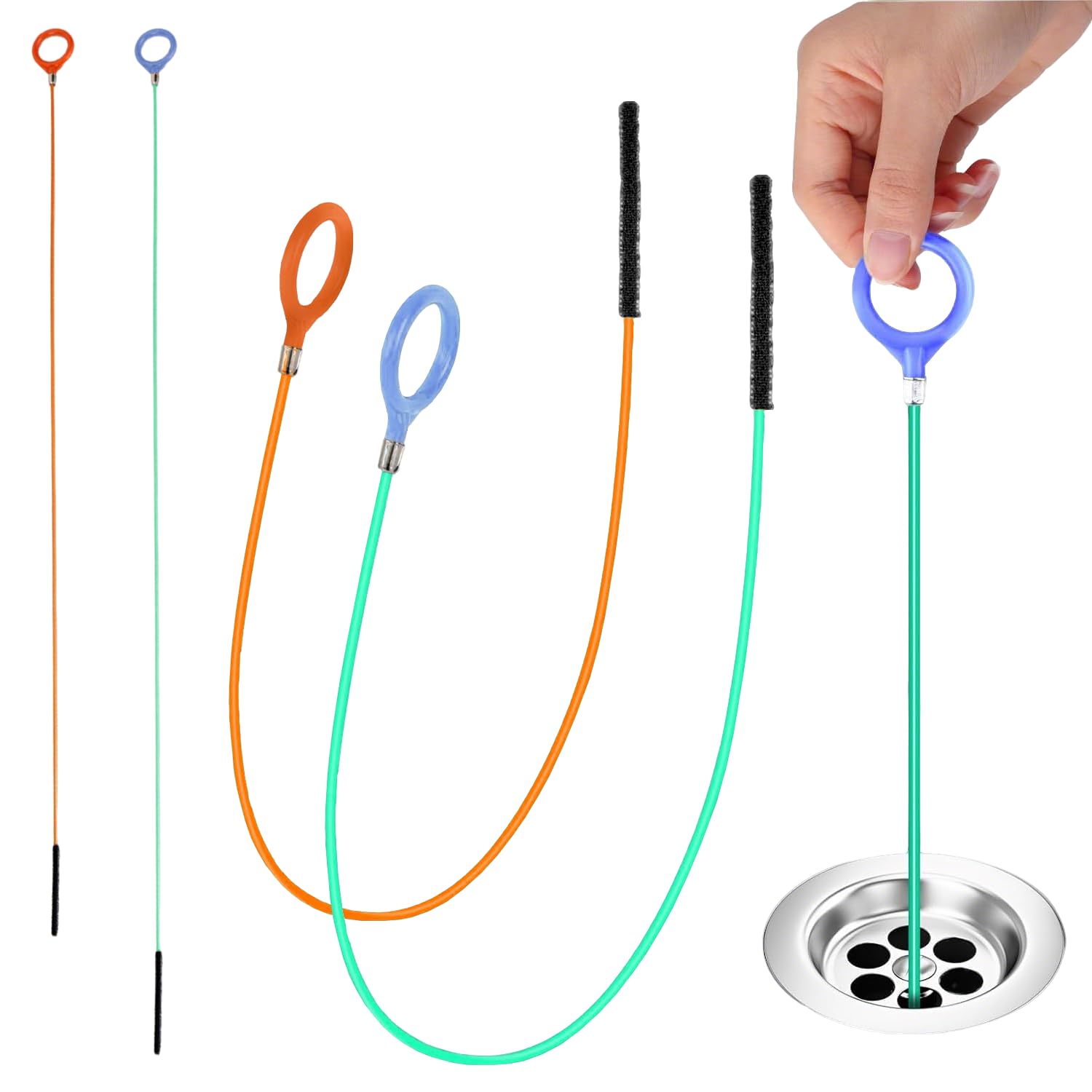 4PCS Drain Unblocker Tool, 90cm Drain Snake & 81cm Sink Unblocker Brush, Flexible Hair Clog Cleaner with Twist Handle for Bathroom Sink, Kitchen, Shower Drain