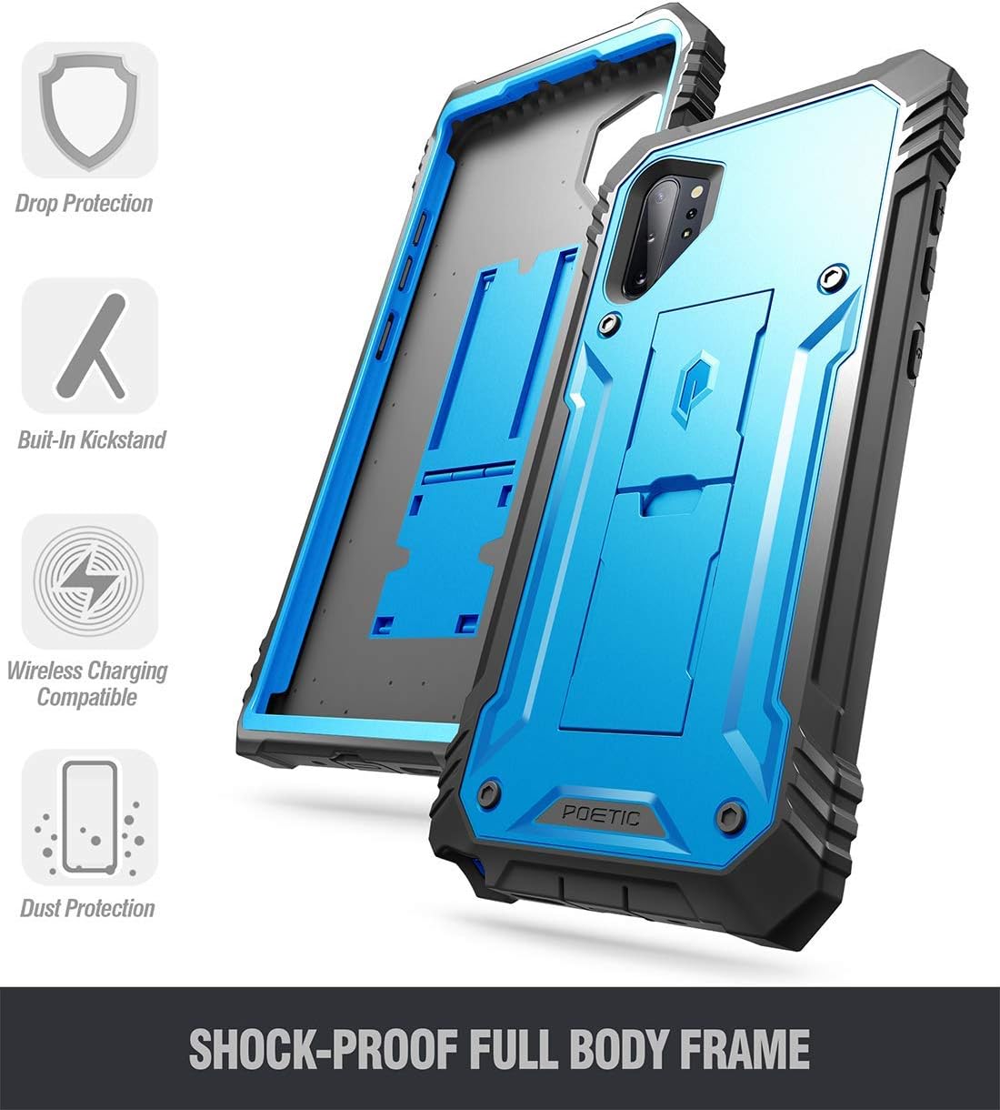 Galaxy Note 10 Plus Rugged Case with Kickstand, Poetic Heavy Duty Military Grade Full Body Cover, Without Built-in-Screen Protector, Revolution, for Samsung Galaxy Note 10+ Plus 5G, Blue