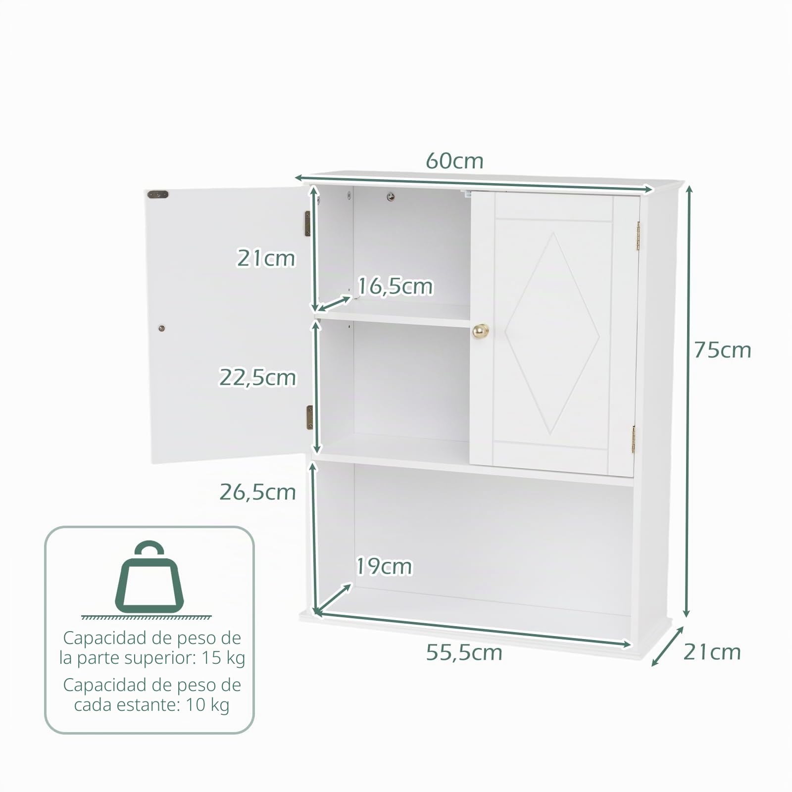 LIFEZEAL Mueble de baño para ahorrar espacio, de pared, blanco, armario suspendido, armario con estante ajustable, compartimento abierto, mueble moderno, para cocina, lavandería, de madera, 60 x 21 x