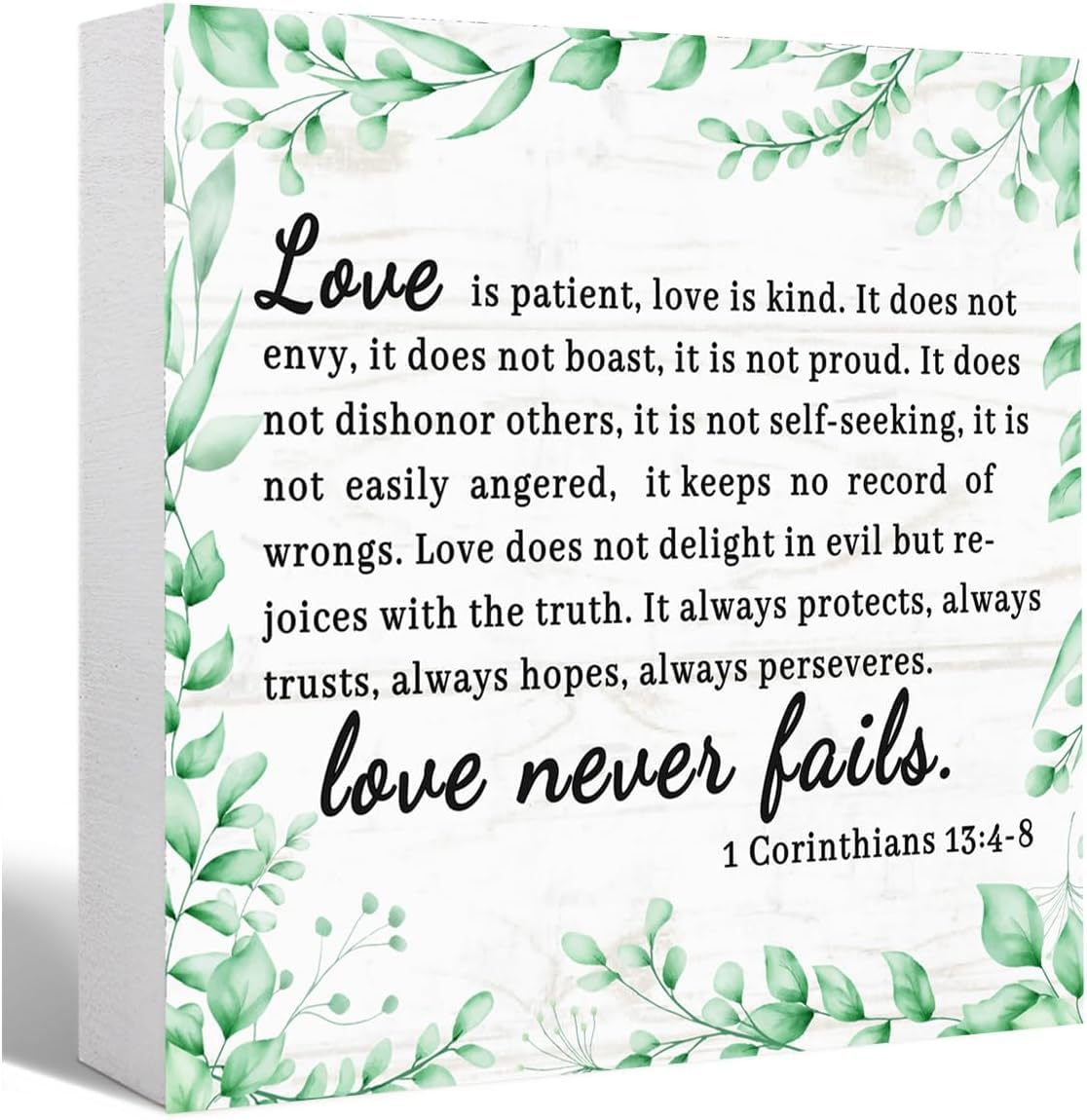 Love Never Fails Box Sign 5x5 Inch Rustic Floral Scripture Decor