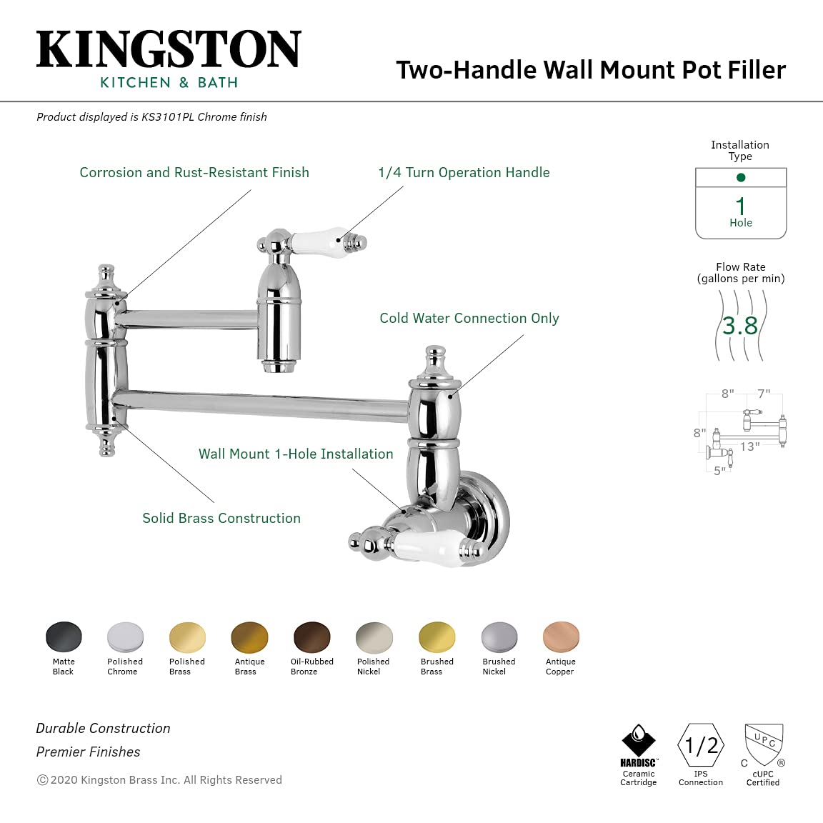Kingston Brass KS3101PL Rubinetto a Parete per pentole, Finitura cromata, 13 Inches Length