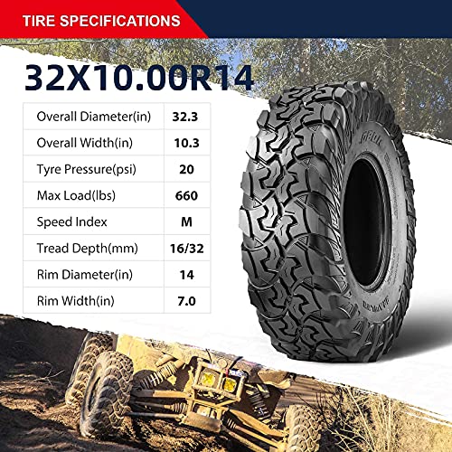 Image of Set of 2 OBOR Brawler UTV Tires 32x10R14, 10 Ply Front /Rear Radial UTV SxS Side by Side Professional Tires (Tubeless, 2 Pack)