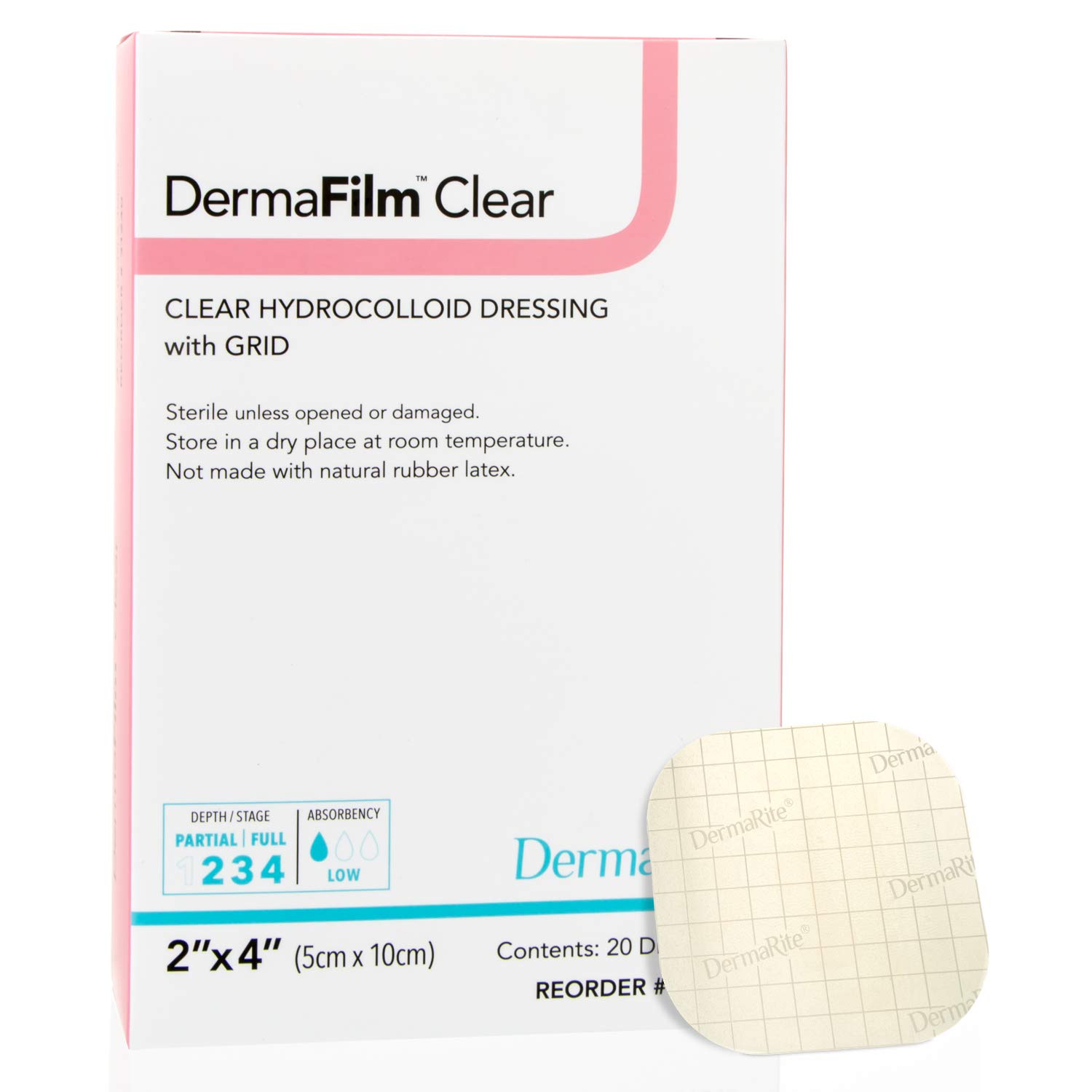 DermaRite's DermaFilm Extra Thin, Hydrocolloid Wound Dressing - Transparent with Grid Film Backing, Promotes Healing - 2 in. x 4 in., 1 Count, 20 Packs, 20 Total