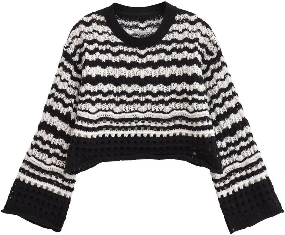 Women's Loose Black and White Striped Short Color Clashing Knit Sweater