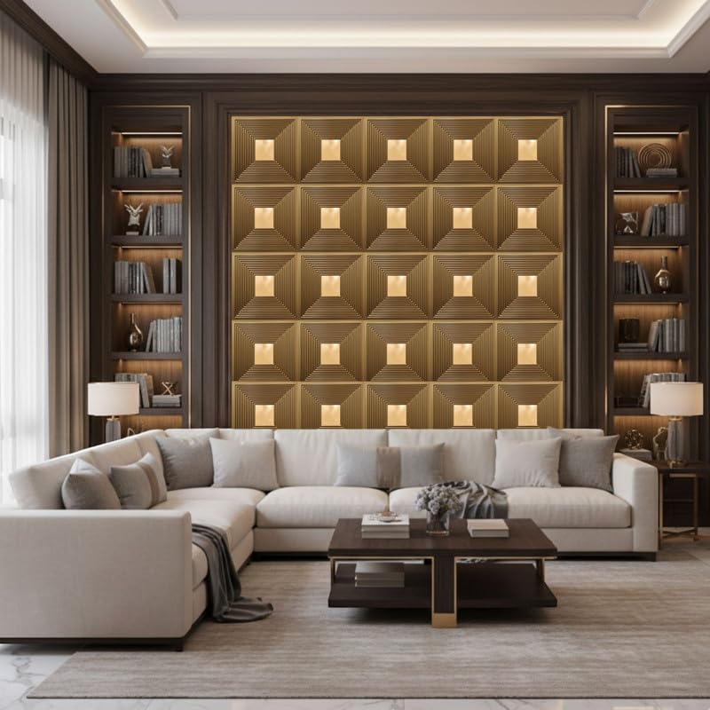 Image of Kayra Decor 3D PVC Wall Panels - Line Design, Mirror Golden Color, 19.7 inch x 19.7 inch (Pack of 12) | Covers 32.28 Sq. Ft. |