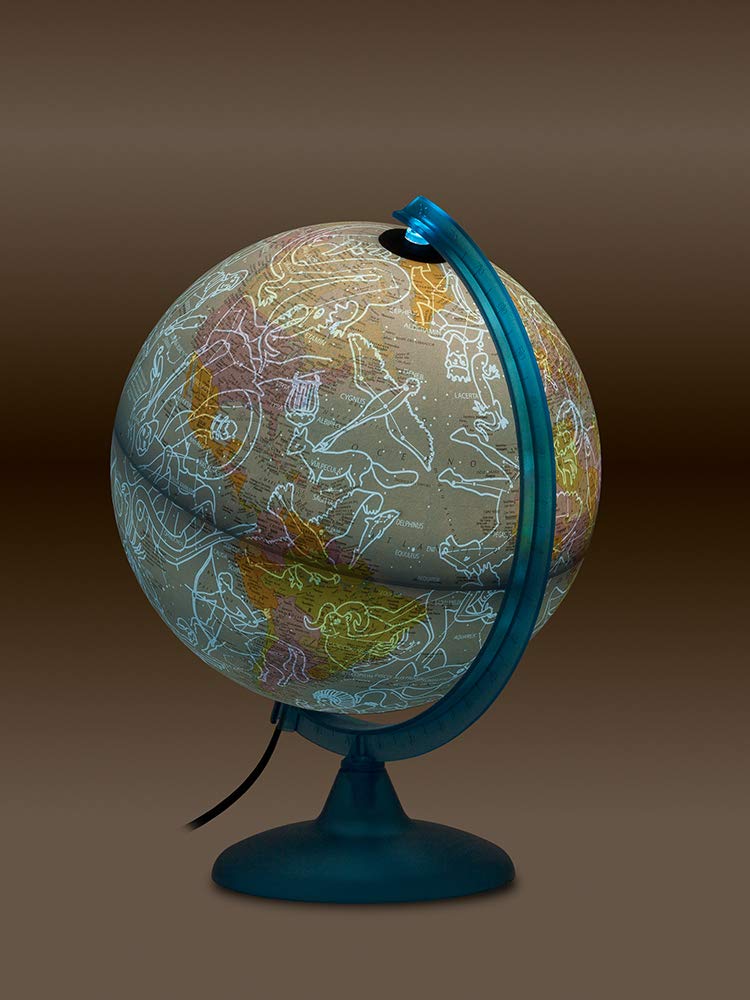 Tecnodidattica - Globo terráqueo Night&Day para niños y adolescentes - Doble efecto de cartografía política y constelaciones - Luminoso y giratorio - Meridiano graduado - Textos en italiano - Diámetro 25 cm