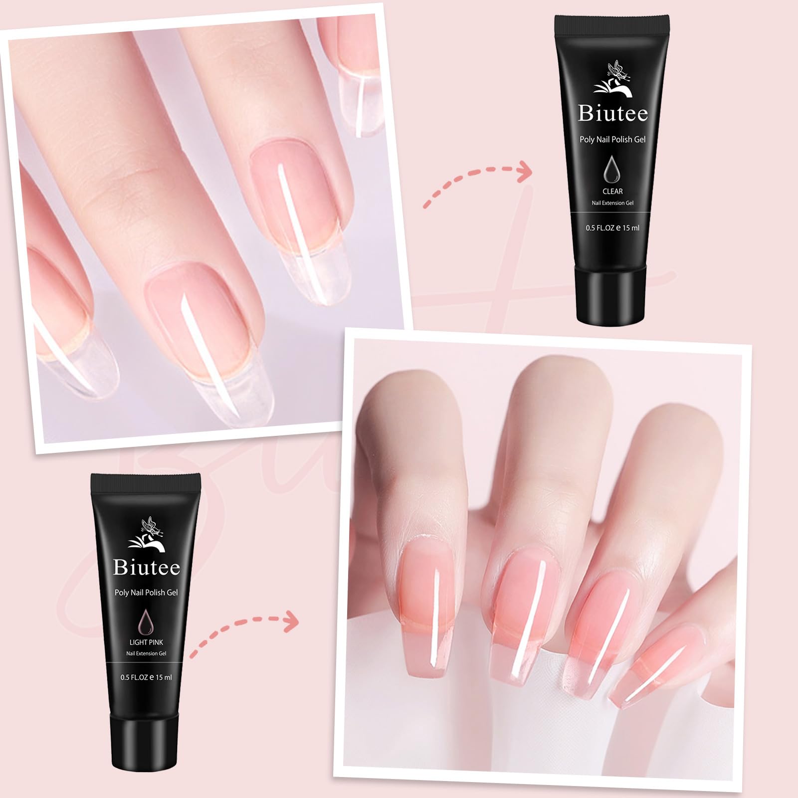 Polygel per Unghie, Acrygel Unghie Ricostruzione, 100 * Tip in Gel, Trasparente e Rosa 30g, con 30ml Soluzione Scivolare 15ml Base e TopCoat