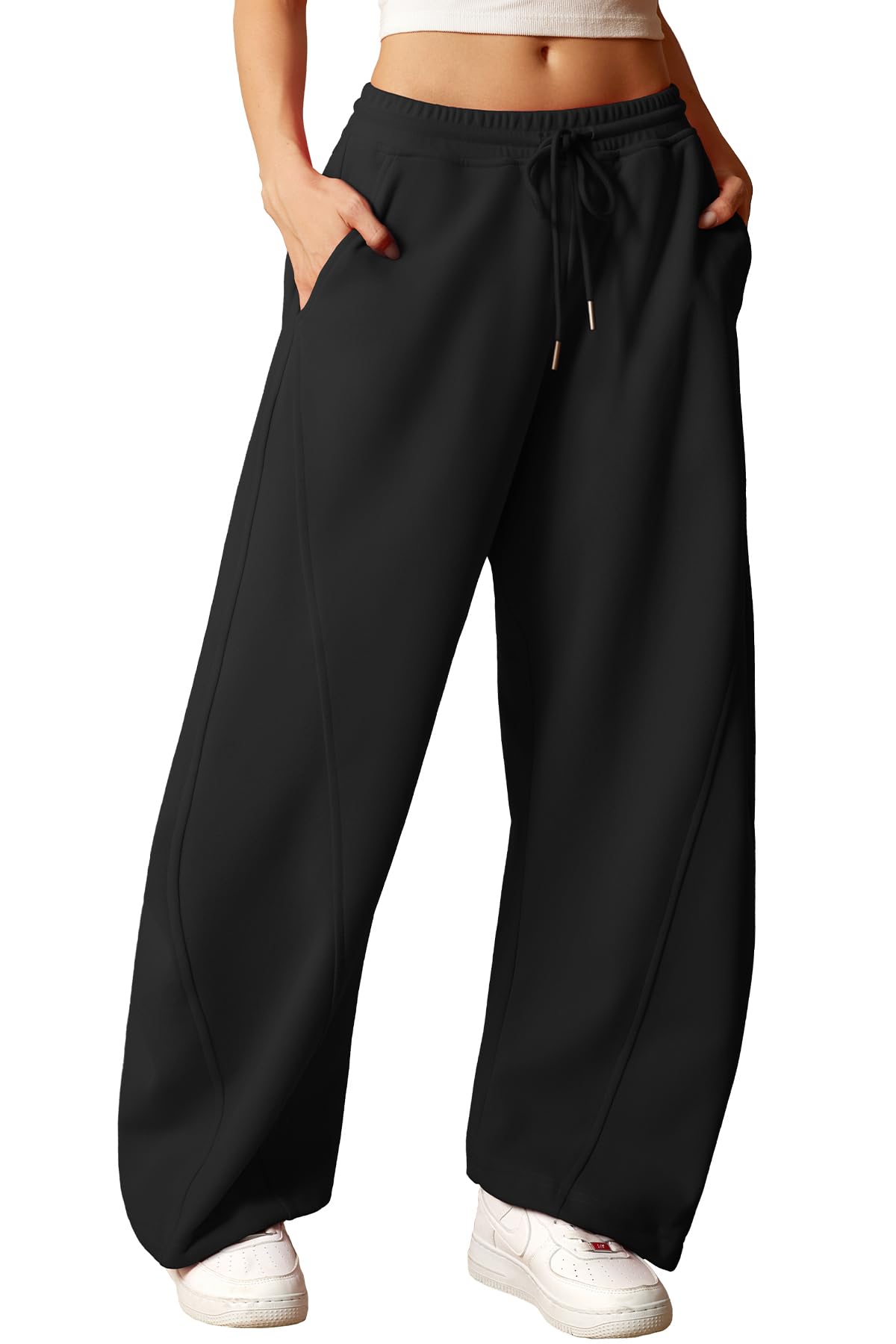 ELLEVEN Womens Y2K Wide Leg Sweatpants - High Elastic Waist Baggy Pants with Pockets Adjustable Ankle Drawstring Cuffs