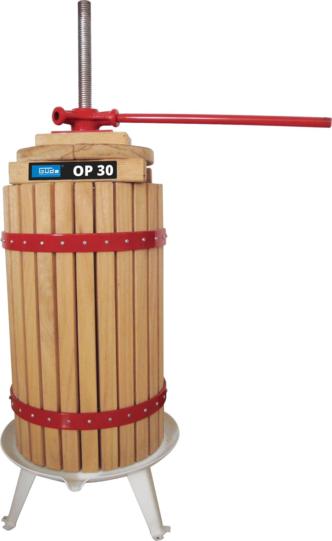 Güde Obstpresse OP 30 (30 Liter Presskorb aus unbehandeltem Holz, lebensmittelecht lackiertes Auffangbecken, 2-tlg. Pressteller, Presstuch aus Polyester, robuste Stahlspindel, fertig montiert)