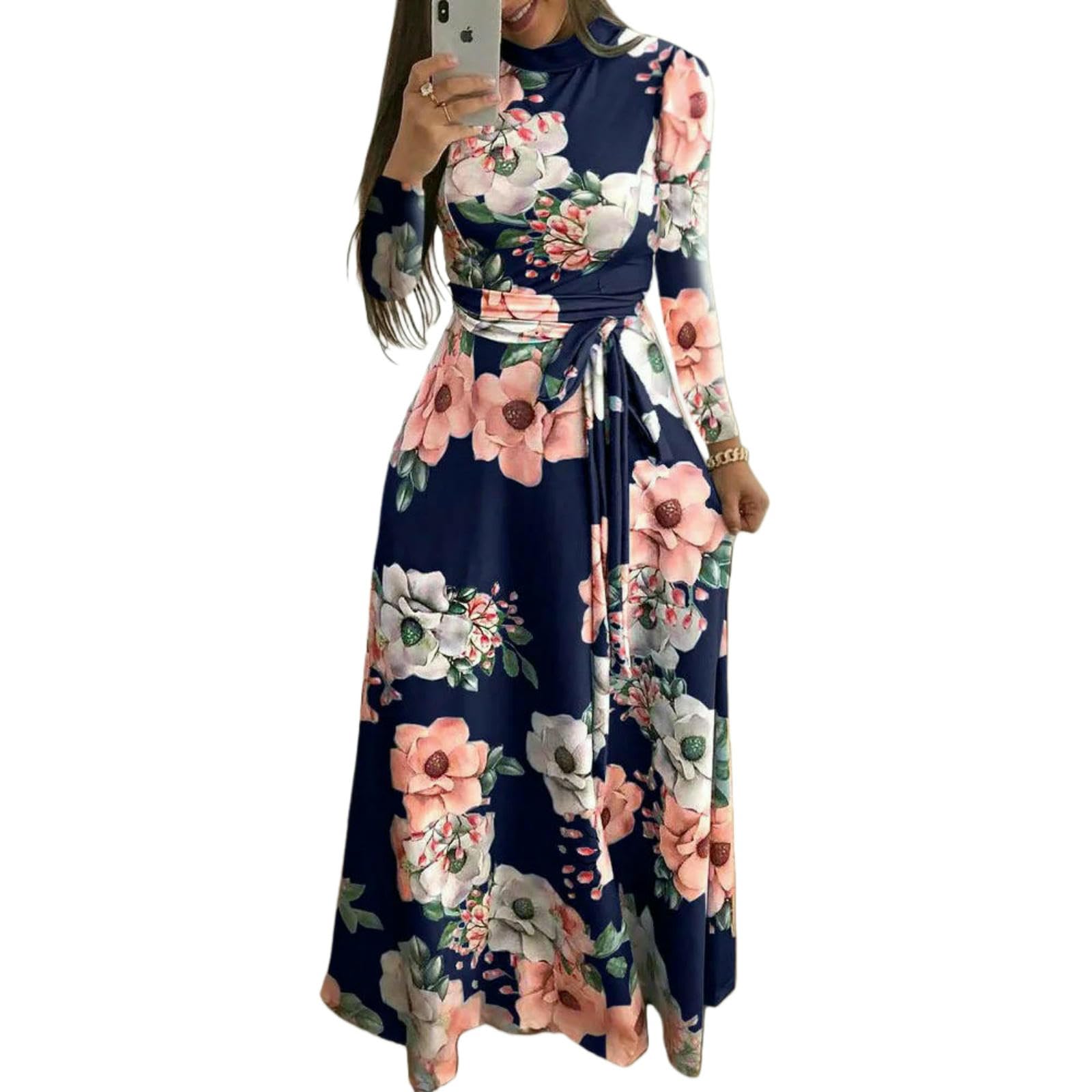 Vestito Abito Maxi A Maniche Lunghe Collo Alto, Stile Blu A-Line con Cravatta in Vita, Elegante Outfit per Festa Estiva-Dark Blue-XL