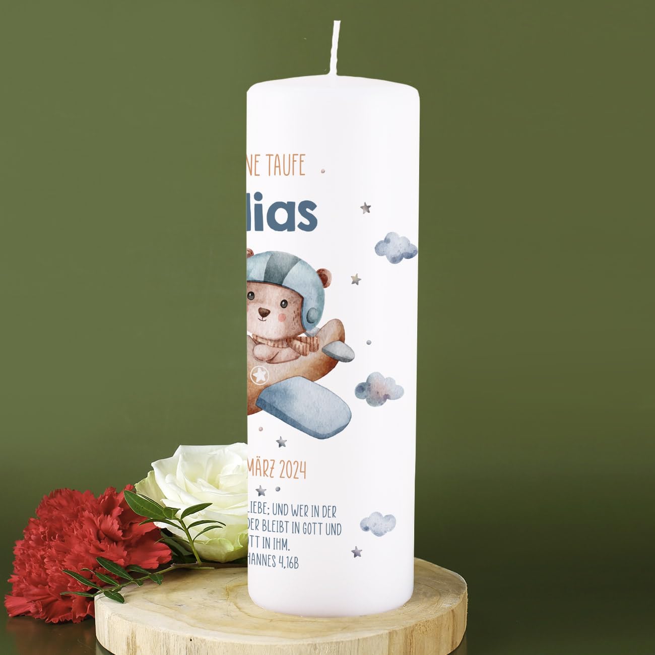 Striefchen® Taufkerze 250/80 mm mit Tiermotiven und Aufdruck des Namen und Datum sowie Taufspruch (Bär)