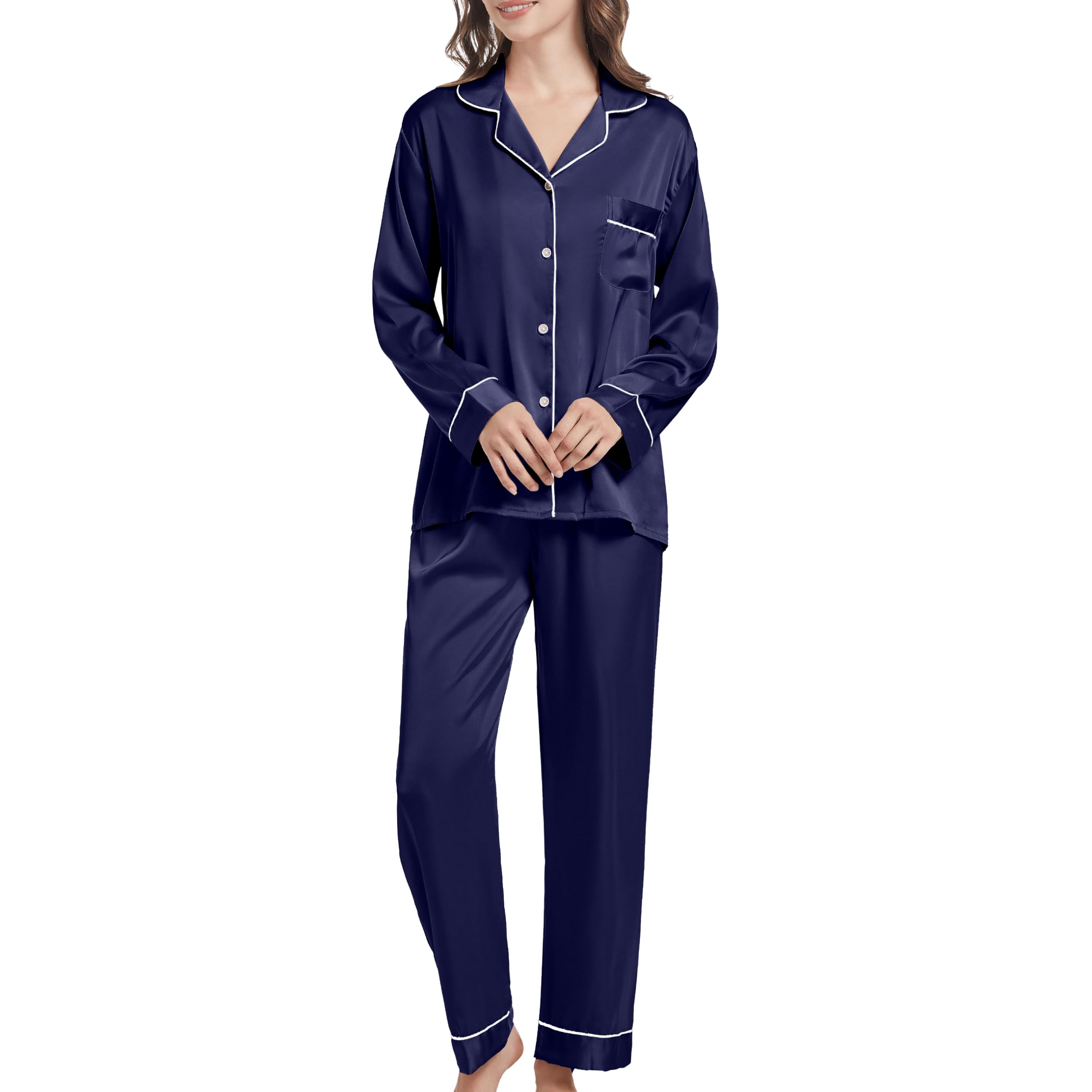 JCQIGOA Seta Donna Pigiama a Maniche Lunghe Set Pigiama Donna Lungo Set Pezzi Loungewear Pigiama da Notte Lungo Pigiama da Notte
