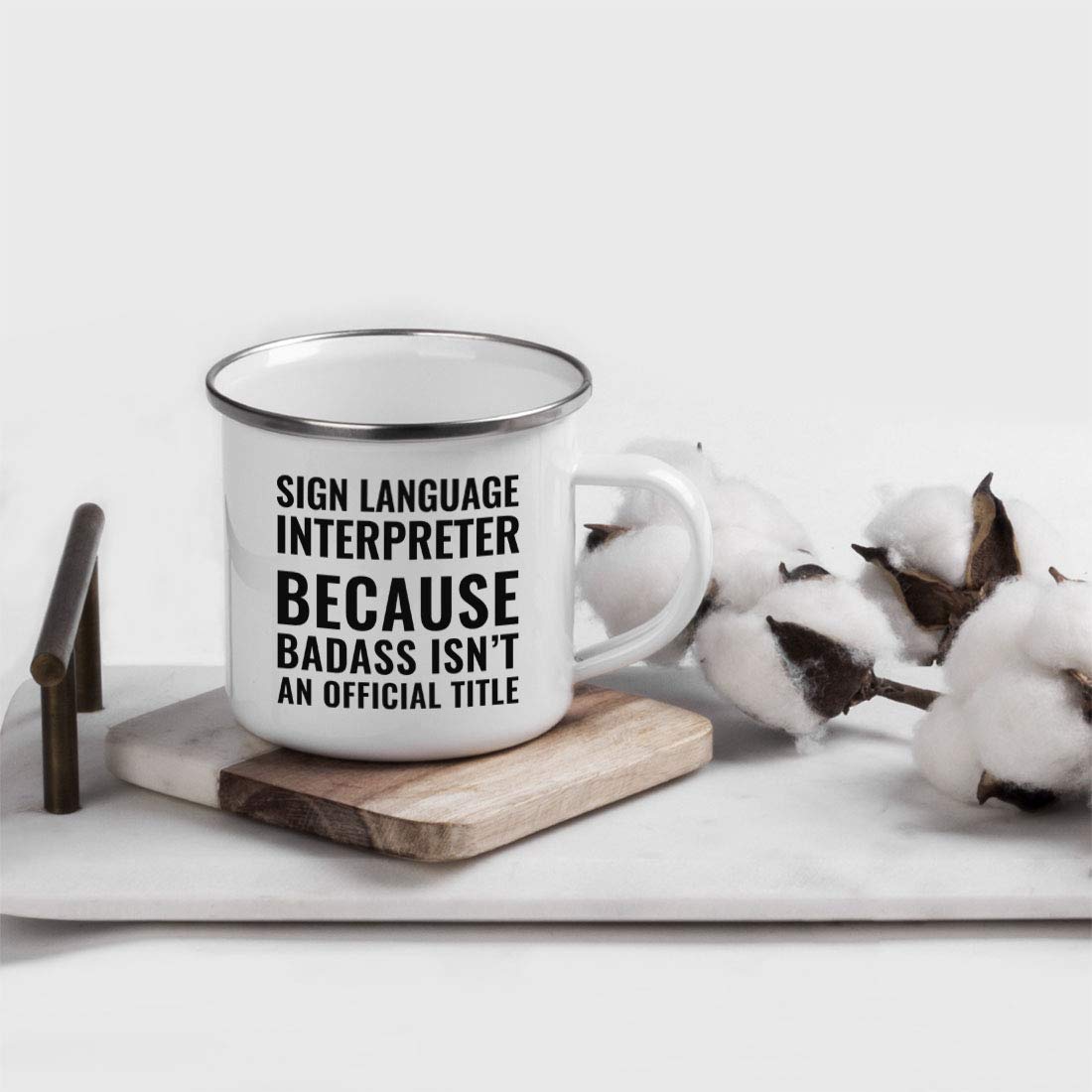 Andaz Press 11oz. Campfire Enamel Mug Gift, Sign Language Interpreter Because Badass Isn't An Official Title, 1-Pack, Stainless Steel Metal Camp Cup Christmas Birthday Present Ideas, Includes Gift Box