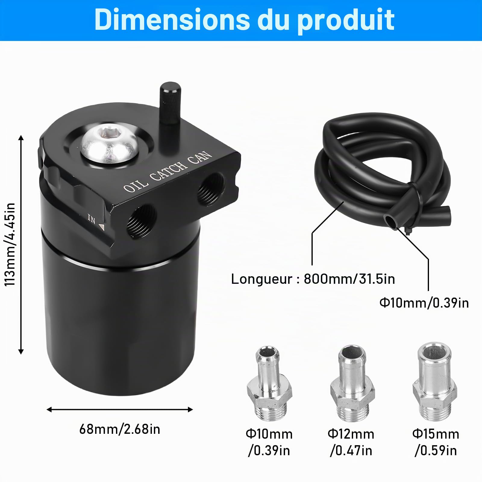 GBKDQQ Oil Catch Can Universal 300 ml (noir) – Réservoir séparateur d'huile avec filtre à air et accessoires, réservoir de récupération d'huile en aluminium pour voiture/moto