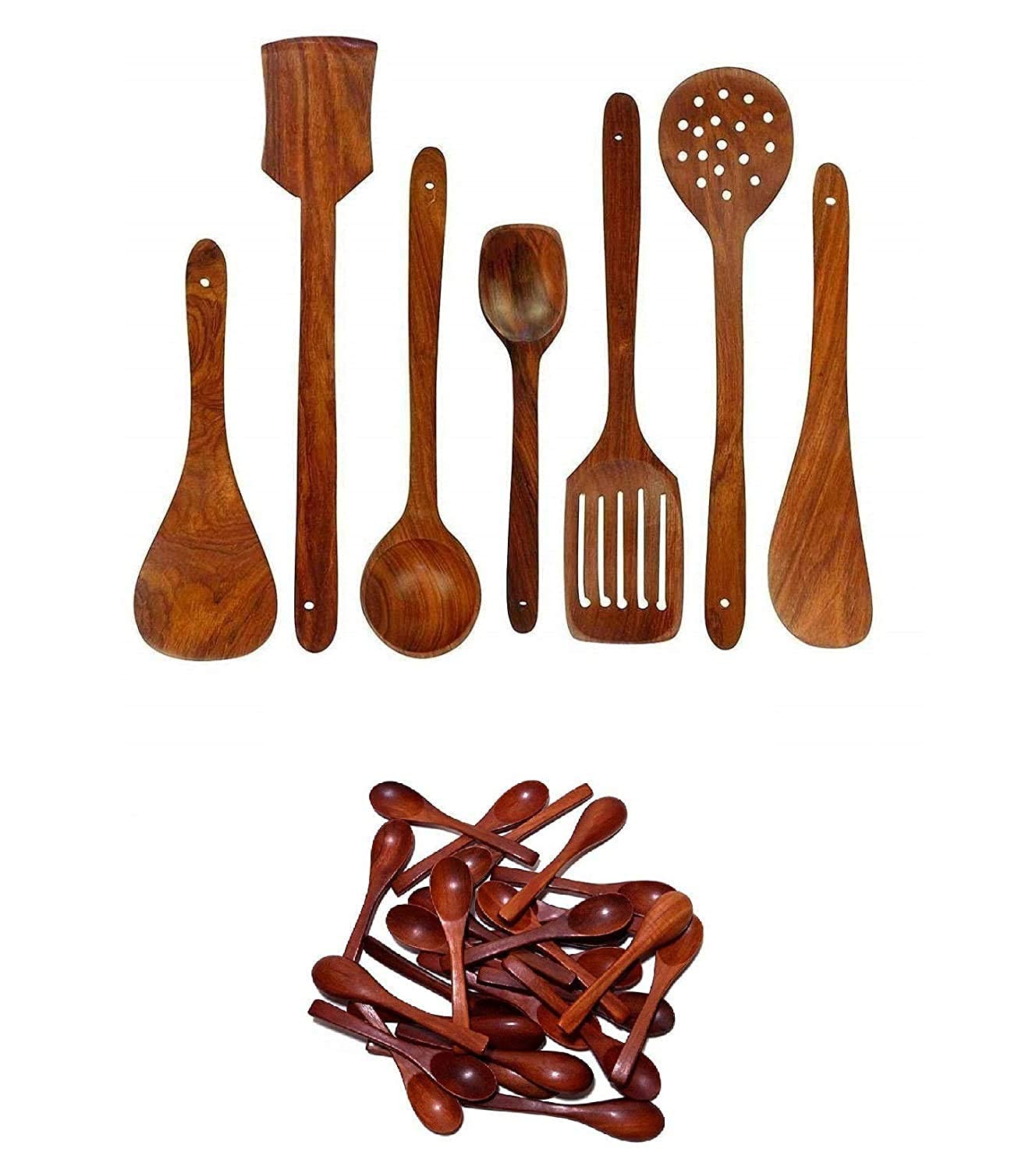Set di 7 cucchiai da cucina in legno di noce naturale, per cucinare, mestoli, spatole, antiaderenti, in legno, con 10 cucchiai masala