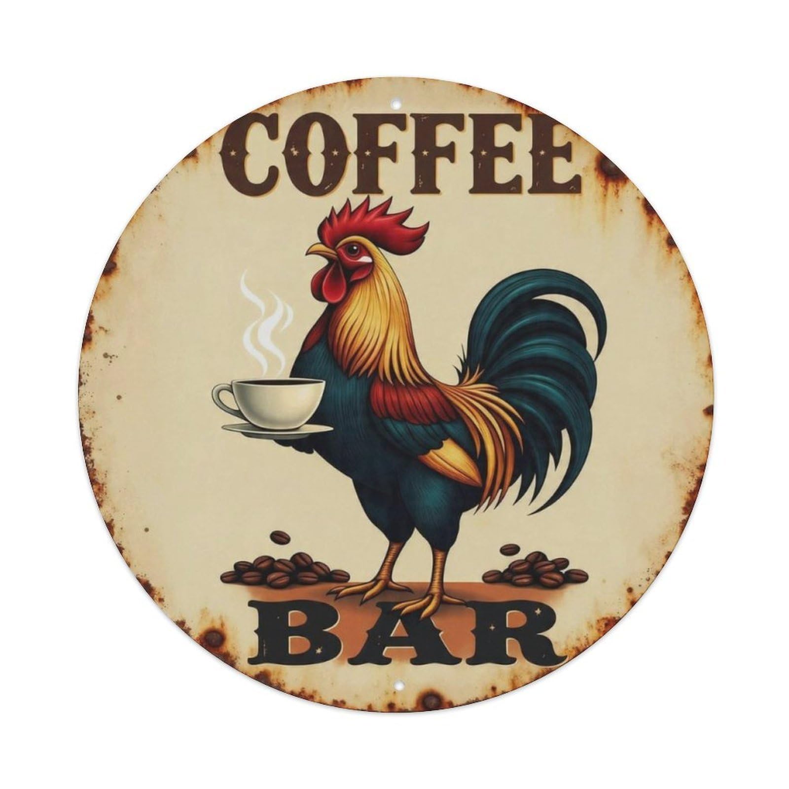 Vintage Rooster Coffee Bar Round Sign Vintage Aluminium Metal Sign, Retro Wall Decor for Home, Bar, Garage & Farmhouse 20x20cm