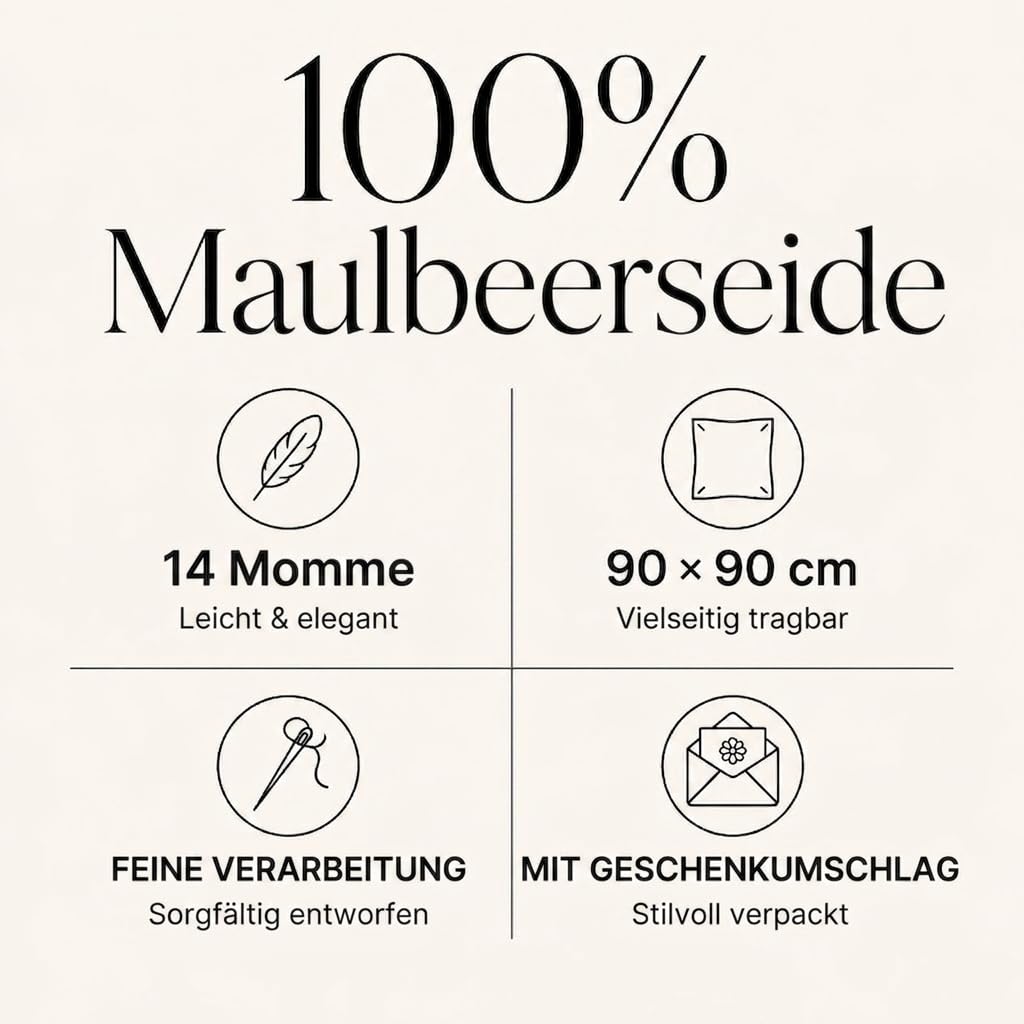 Seidenschal aus 100% reiner Maulbeerseide - 90x90cm - Premium Damen Halstuch Quadratisch - mit Geschenkumschlag