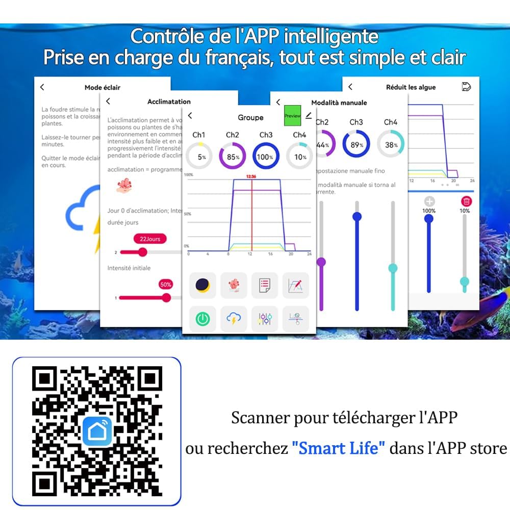 PopBloom RL90 WiFi Rampe LED Aquarium Eau de Mer 100W, APP Programme Marine Éclairage à Spectre Complet pour Aquarium de Corail, L'APP prend en charge le français