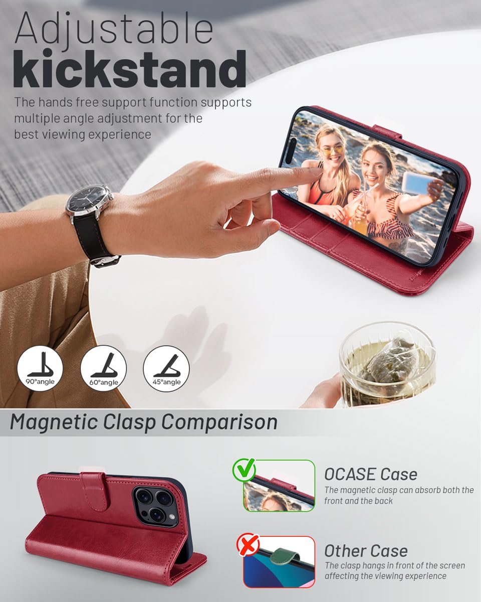 OCASE for iPhone 16 Pro Case, PU Leather Wallet, Magnetic Flip Folio Cover with RFID Blocking, Card Holders, Shockproof TPU - Image 4
