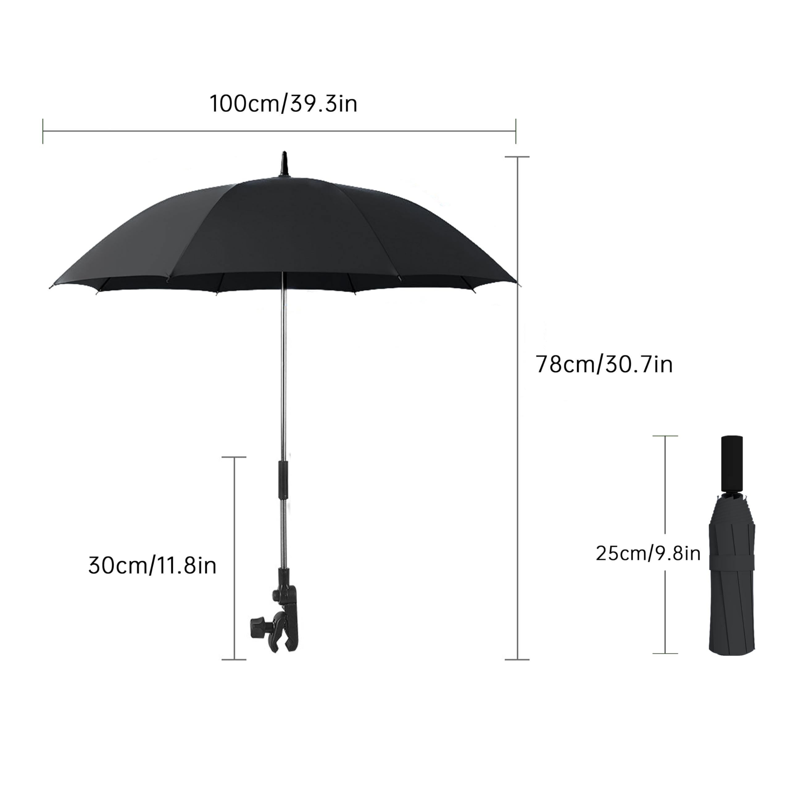 Alephnull Ombrello universale 2 in 1 con adattatore: passeggino e ombrello compatibile con tutti i modelli, protezione UV (nero, 100 cm)