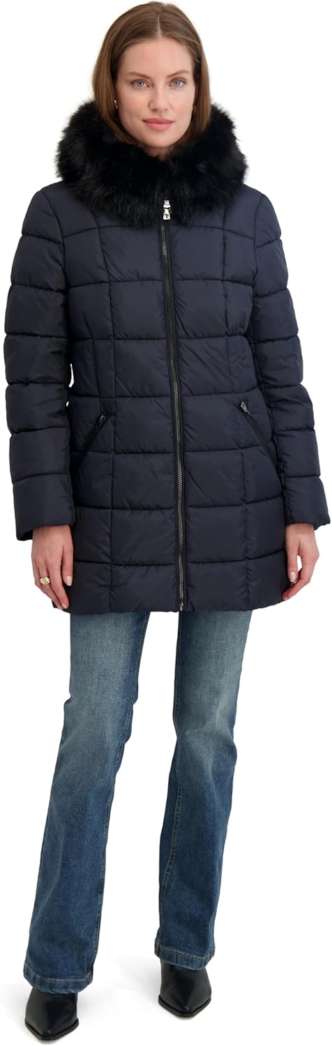 TAHARI Women's Fitted Quilted Puffer Coat With Attached Hood, Faux Fur Trim & Hand Warmer Pockets