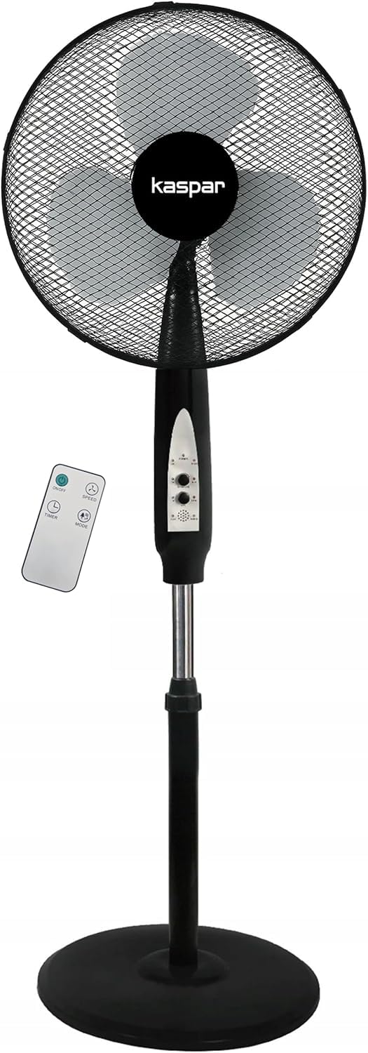 Kaspar Ventilator Standventilator mit Fernbedienung mit 3 Windgeschwindigkeiten Oszillationsfunktion Schwenkfunktion Timer 40 W 36 cm Durchmesser Höhenverstellbar Kreuzfuß Schwarz