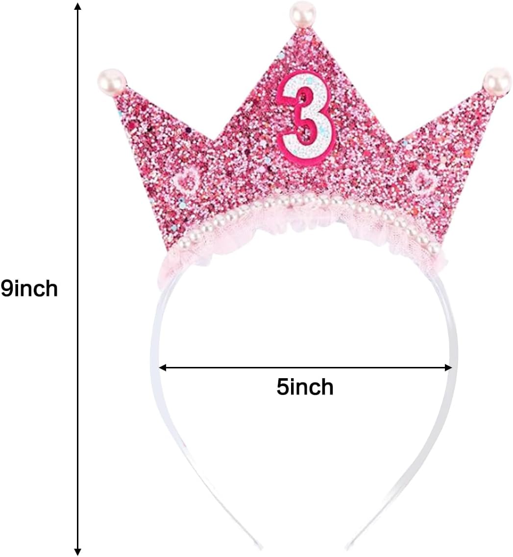 3rd Birthday Crown and Sash Set,3rd Birthday Decorations for Girls,Princess Crown Headband,Princess Tiara Glitter Pearl Hair Band,3 Year Old Party Outfit Gifts Pink