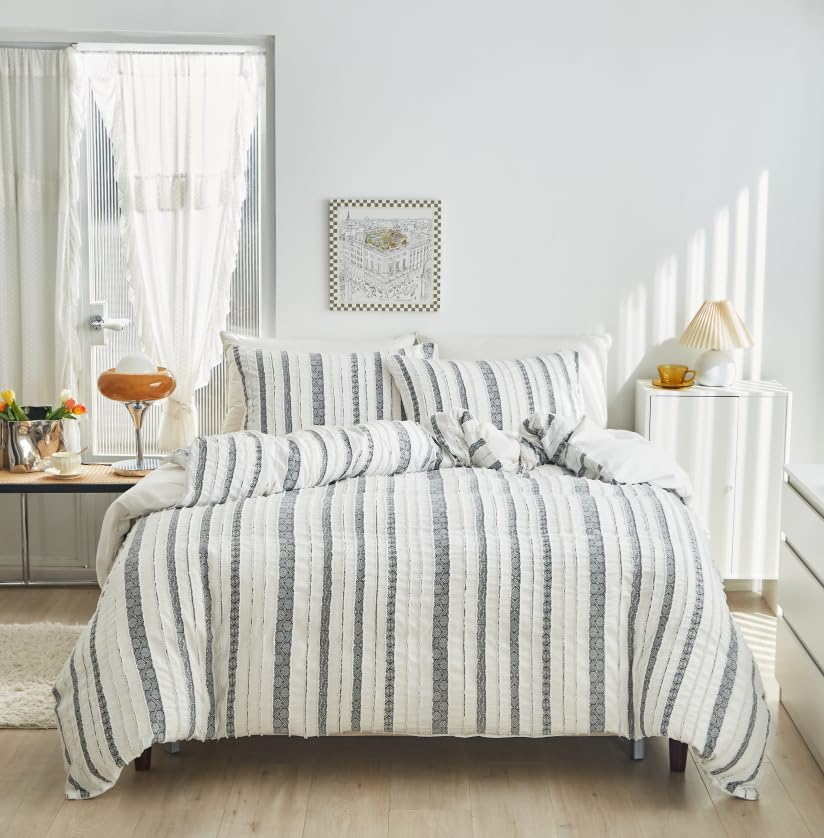 Housse de couette 230x260 cm bleu et blanc avec 2 taies d'oreiller assorties