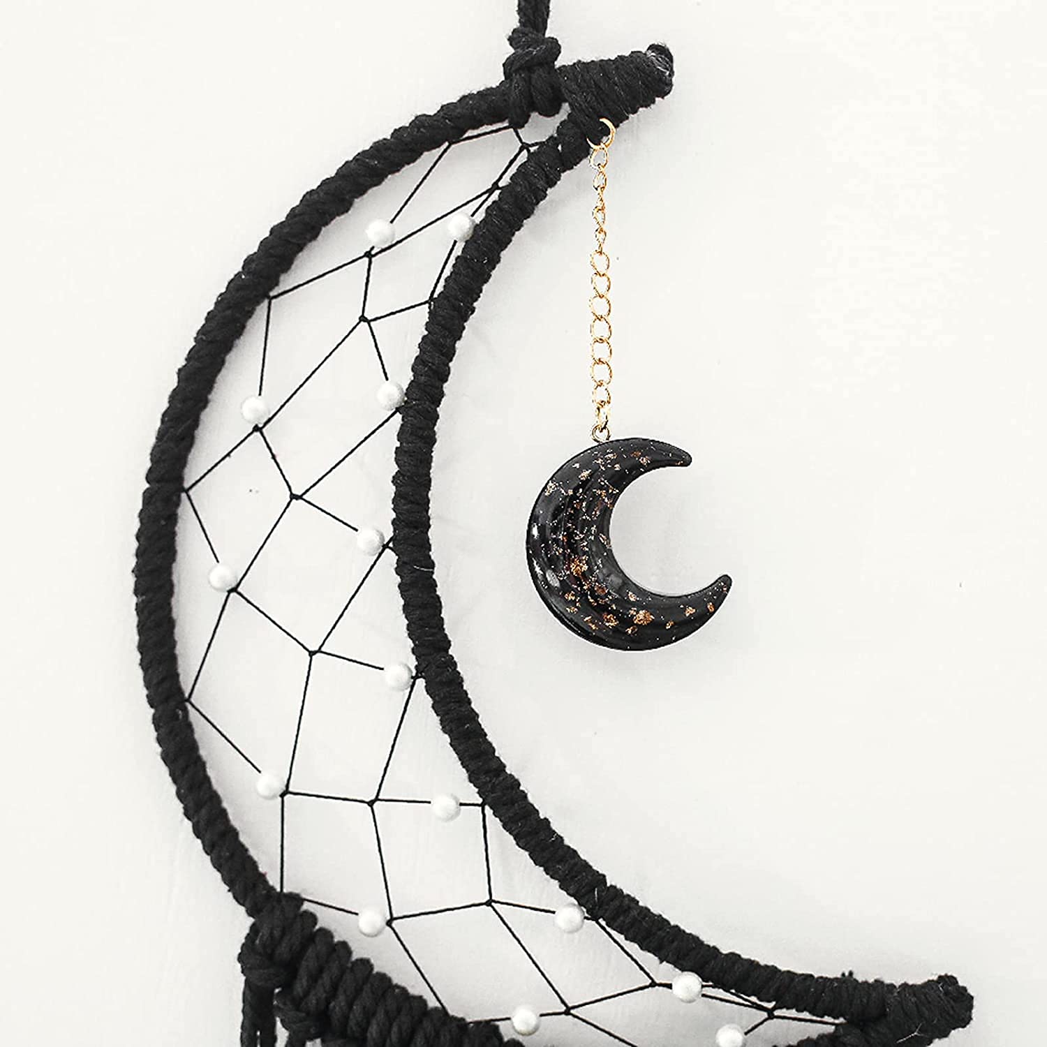 Atrapasueños de luna para dormitorio, colgante de pared bohemio, atrapasueños con cadena de luces, decoración del hogar, regalo de boda, cumpleaños, atrapasueños hecho a mano para amigos (negro)