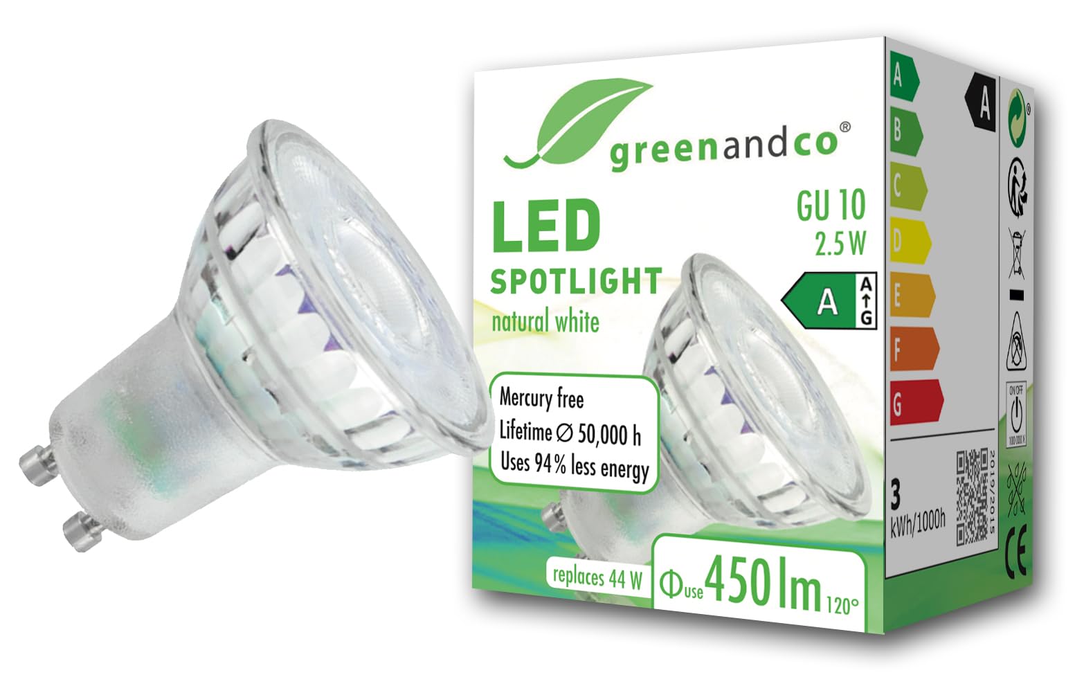 greenandco GU10 | Replaces 44 W | Neutral White 4000 K | 2.5 W 450 lm | 100° | Flicker-Free | Energy Efficiency Class A | 230 V LED Spot | Not Dimmable