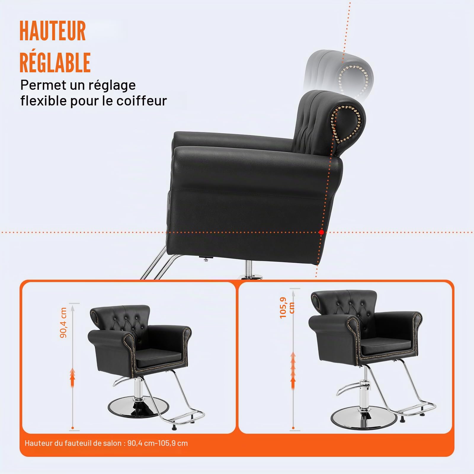 VEVOR Chaise de Coiffeur Hydraulique Fauteuil Salon Coiffure Pivotant 360° Charge 150 kg Hauteur Réglable 905-1060 mm Siège Barbier avec repose-pieds pour Salon Professionnel, Shampoing, Beauté, Noir