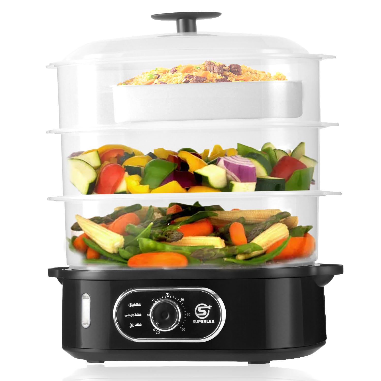 Cuiseur vapeur électrique à 3 niveaux, cuiseur à la vapeur pour légumes avec une capacité de 12 l, 3 bols de cuisson amovibles et couvercle, minuteur de 60 minutes, arrêt automatique, sans