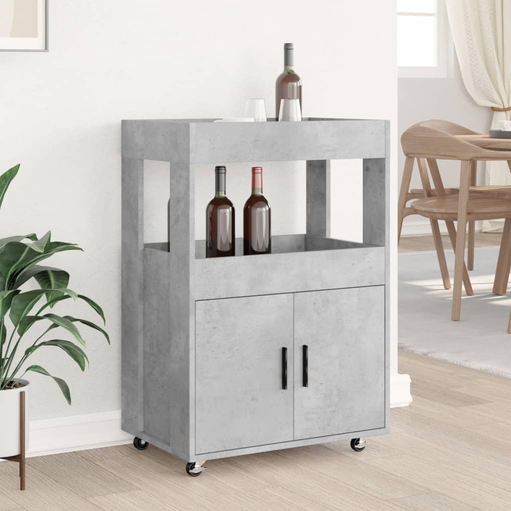 Carro de bar gris hormigón 60 x 39,5 x 89 cm moderno carrito de servicio con ruedas carrito de cocina de madera con 2 estantes para cocina, comedor y salón, carrito auxiliar para bebidas