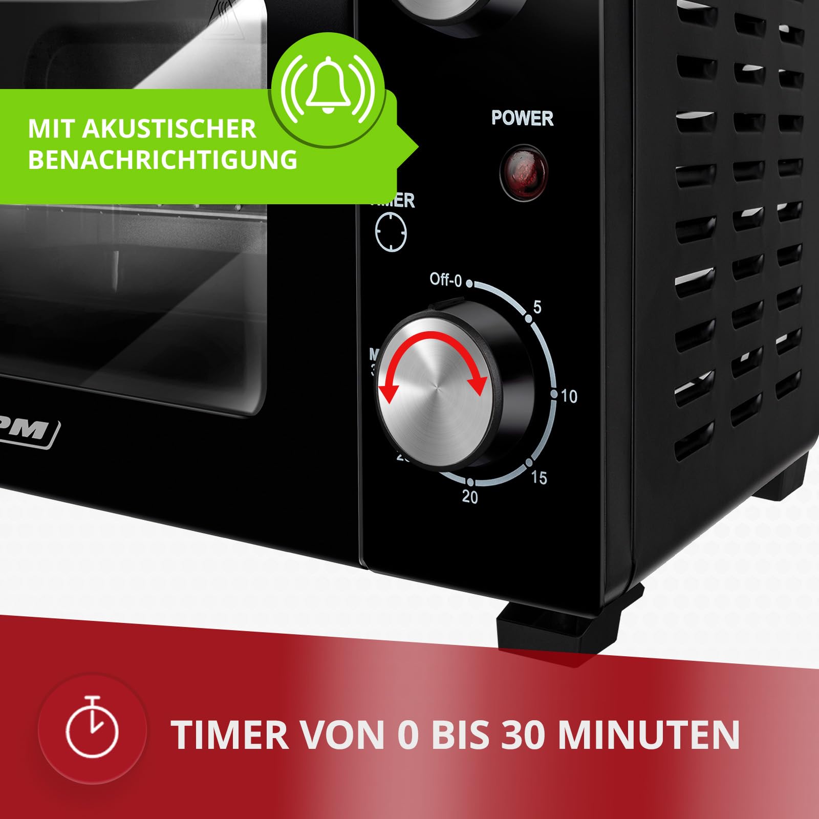 MPM - MPE-13 - Mini-Backofen - Freistehend - 10 L- mit Ober-/ Unterhitze - mit Backblech und Gitter - 4-stufige Temperaturreglung 90-230°C - mit Drehknopf - Pizza-Ofen - Klein - Schwarz