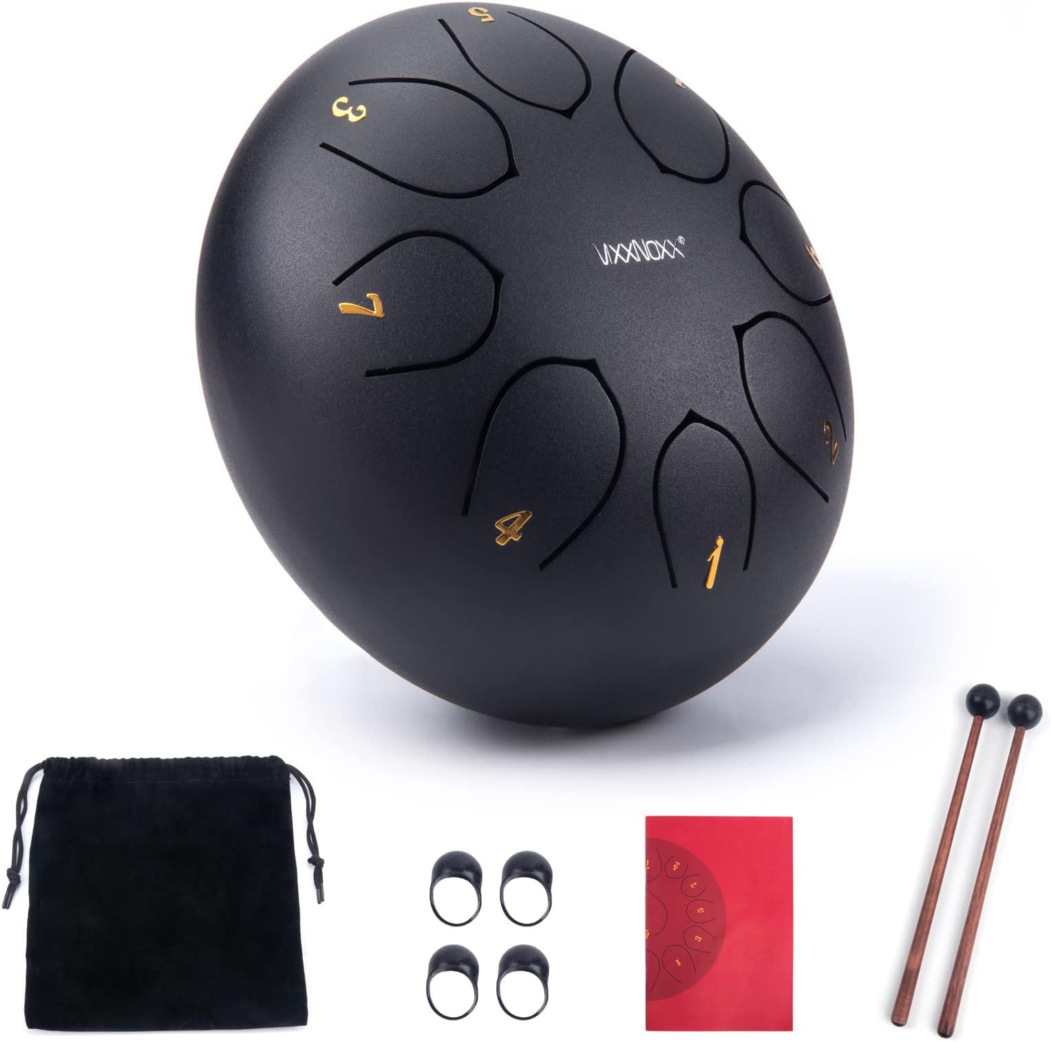 VixxNoxx Rain Drum for Outside Garden, 6 Inches 8 Notes Steel Tongue Drum Handpan Percussion Instrument for Yoga Meditation & Sound Therapy, Adult Gift with Bag, Mallets & Songbook (Black)