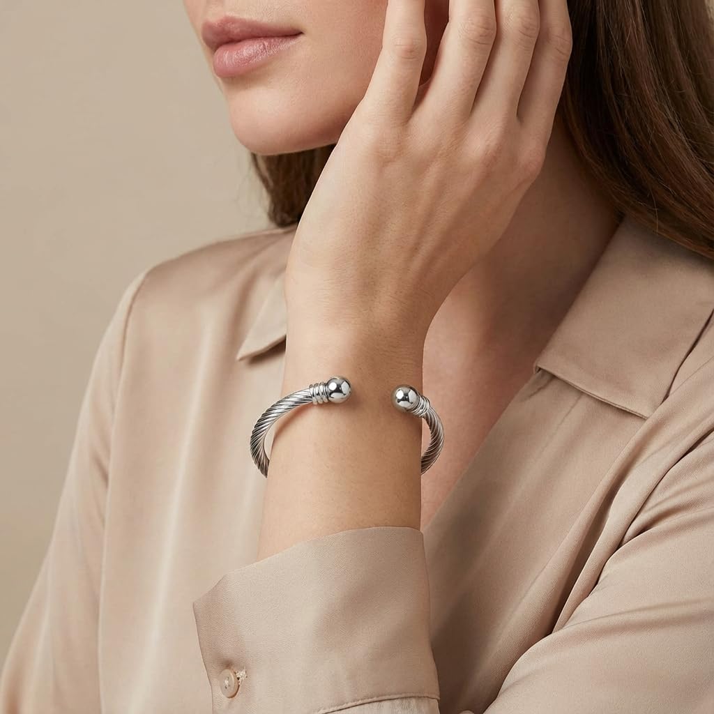 Stainless Steel Twisted Cable Wire Bracelet for Women, Adjustable Open Cuff Bangle, Vintage Designer Style Stackable Fashion Jewelry, Anniversary Birthday Gift - Image 3