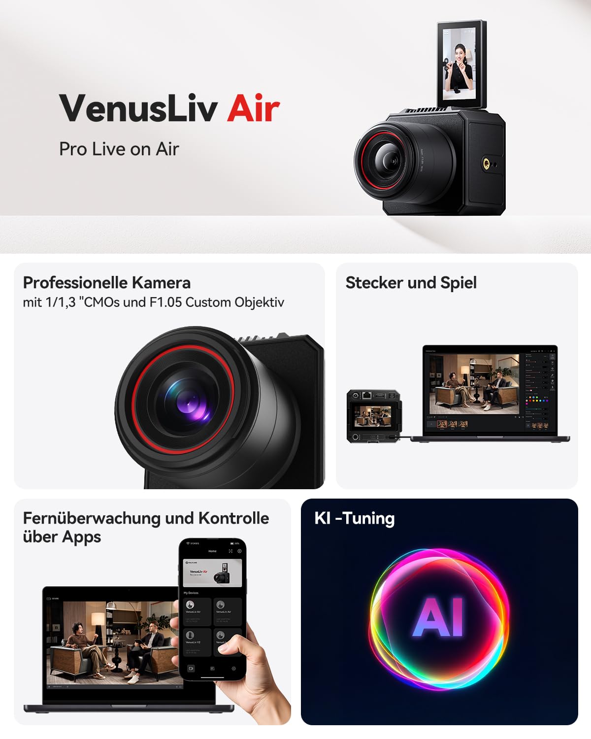 Hollyland VenusLiv Air Livestreaming-Kamera,1/1,3-Zoll-CMOS & F1.05 Objektiv,4K30p Video,UVC/HDMI-Ausgang,KI-Optimierung, Green-Screen, Hautverfeinerung, Farbkorrektur,Ideal für 24/7-Streaming