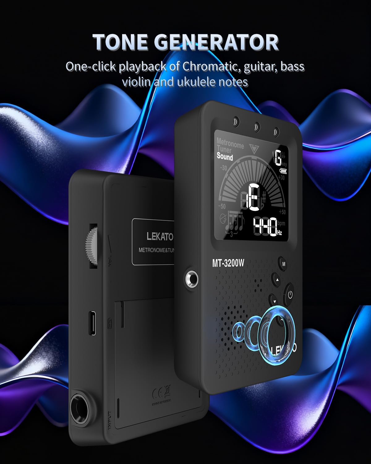 Accordatore metronomo, LEKATO accordatore metronomo digitale ricaricabile, Metronome Tuner per chitarra basso violino ukulele e strumenti a fiato, accordatore di precisione con display LCD (nero)
