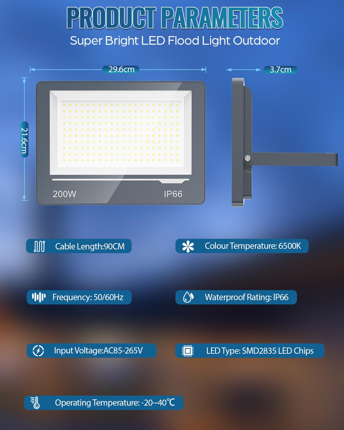 Faretto Fari Faro a LED da Esterno 200W 20000LM - IP66 Impermeabile 6500K Luce Fredda Faretto LED Esterno per Giardino, Patio, Terrazza, Garage(2 Pezzi)