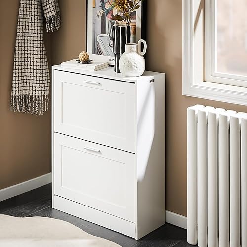 Miniatura 8 de Haotian Armario de almacenamiento de zapatos, zapatero delgado independiente, organizador estrecho de zapatos 2 cajones abatibles para puerta