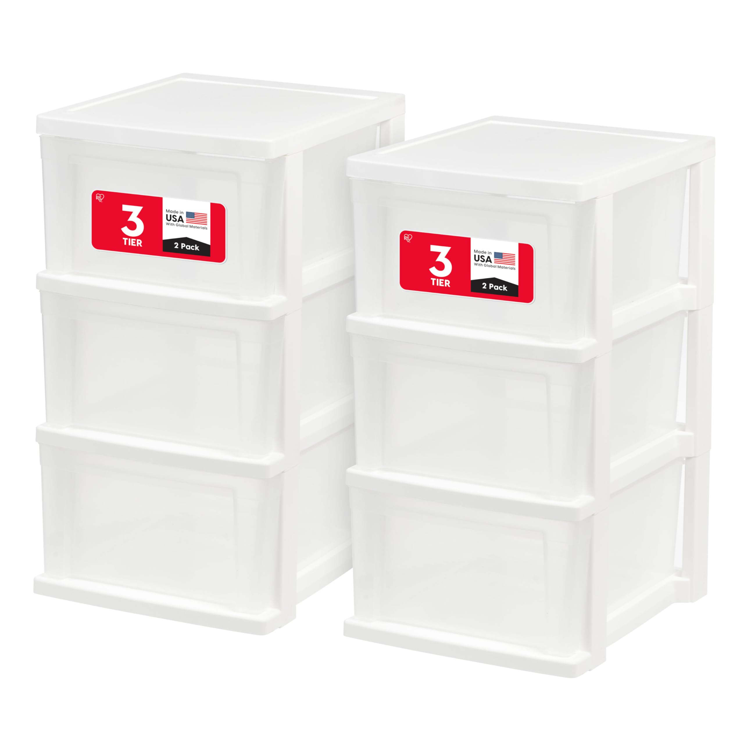 IRIS USA Plastic Drawer Storage Organizer, 3-Drawers, 2-Pack, for Classroom Art Craft Supplies, Bathroom Bedroom, Laundry Room, White/Clear
